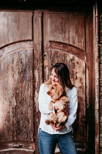 Woman with dog at park