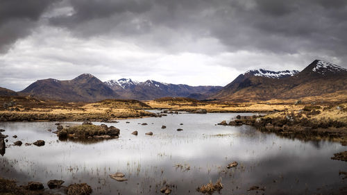 Scenic view of lake and mountains against sky