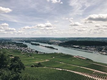 High angle view of agricultural field against sky