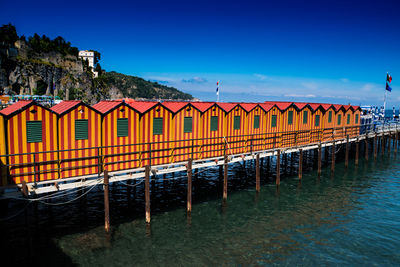 Wooden posts in sea against clear blue sky