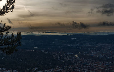 Aerial view of city during sunset