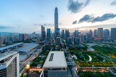 High angle view of buildings in city against sky