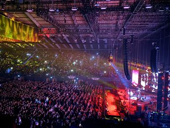 High angle view of illuminated concert at night