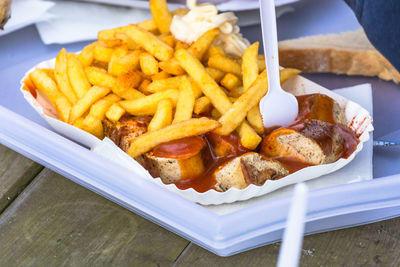 Close-up of food served on table