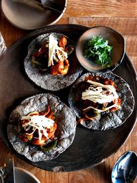 High angle view of food served on table
