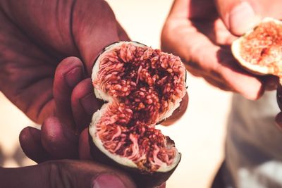 Close-up of cropped hands holding fig