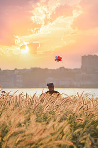 Scenic view of grassy field against sky during sunset