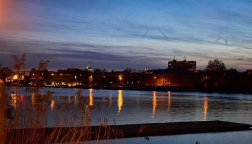 Reflection of silhouette buildings in water against sky