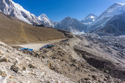 Scenic view of snowcapped mountains against clear blue sky