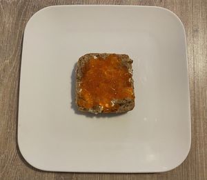 High angle view of bread in plate on table