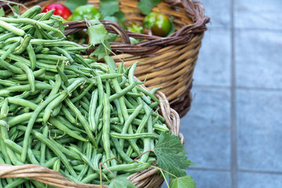 Farmers' market stall, heap of fresh green beans