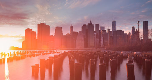 Panoramic view of city against sky during sunset