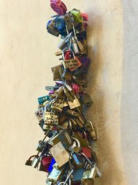 Close-up of padlocks on railing