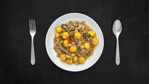 High angle view of food in plate on table