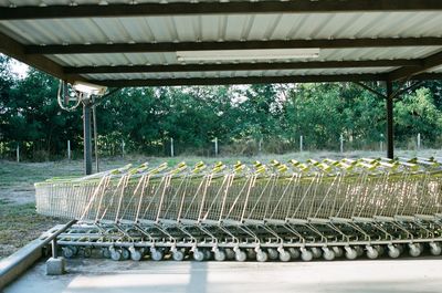 Empty seats in row against trees