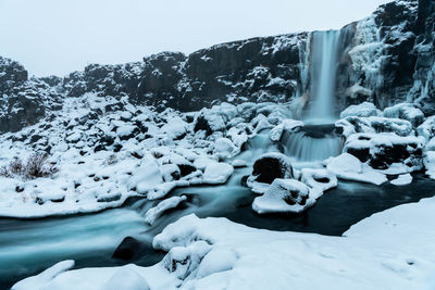 Snow covered Öxarárfoss waterfall iceland