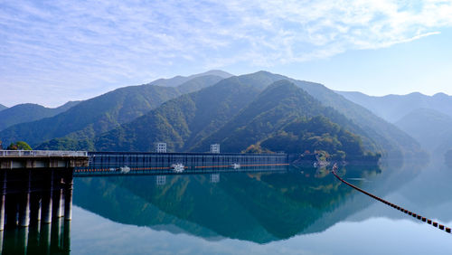 Scenic view of river and mountains against sky