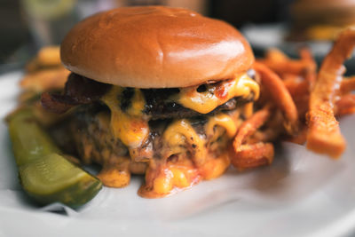 Close-up of burger in plate