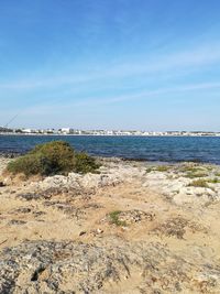 Scenic view of beach against blue sky