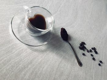 High angle view of coffee cup on table