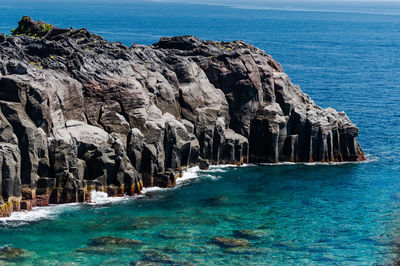 Scenic view of rocks in sea against sky