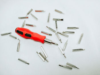 High angle view of objects on table