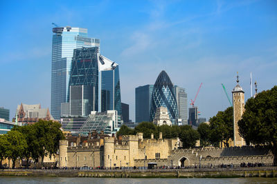 Modern buildings in city against sky