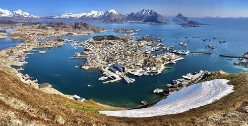 High angle view of bay and sea against sky