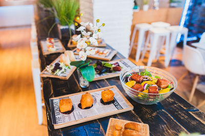 High angle view of meal served on table