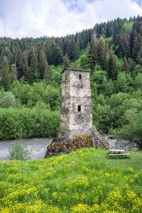 Built structure in forest against sky