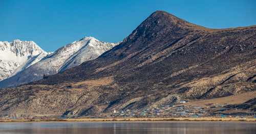 Scenic view of snowcapped mountains against clear sky