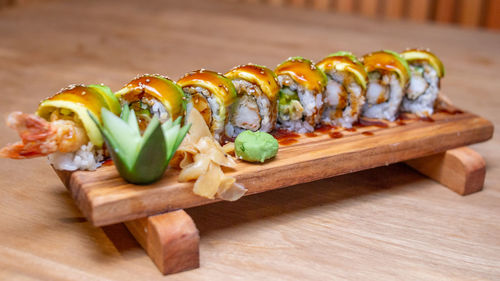 Close-up of sushi on cutting board