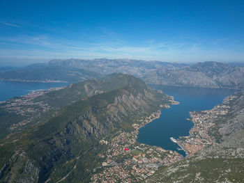 High angle view of bay against sky