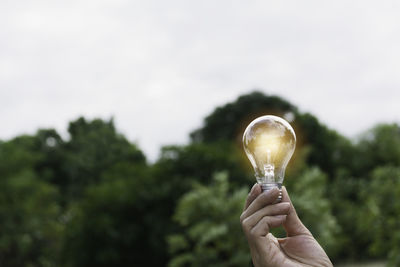 Person holding light bulb against sky