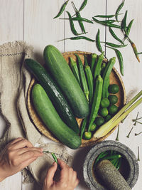 High angle view of hand holding vegetables