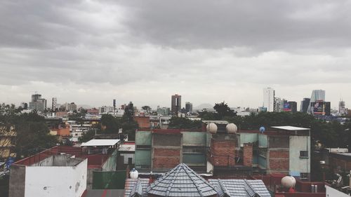 High angle view of buildings against sky