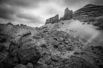 Low angle view of rock formations against sky