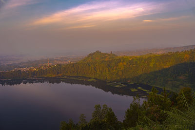 Telaga menjer or lake menjer in wonosobo, central java, indonesia. taken from a hill above the lake.