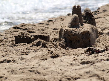 Close-up of sand at beach against sky