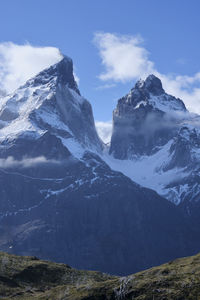 Low angle view of snowcapped mountain against sky