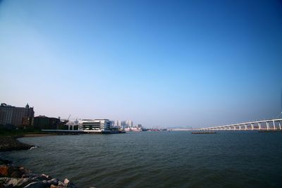 Suspension bridge over river against clear sky