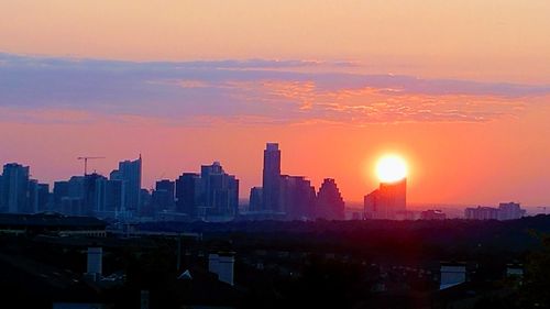 Scenic view of buildings against sky during sunset