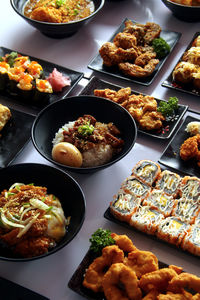 High angle view of food served on table