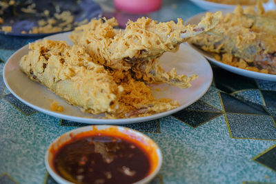 High angle view of food in plate on table