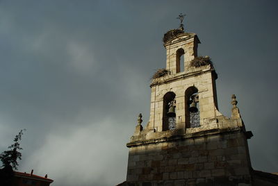 Low angle view of bell tower against sky