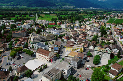 High angle view of buildings in city