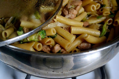 Close-up of pasta in cooking pan