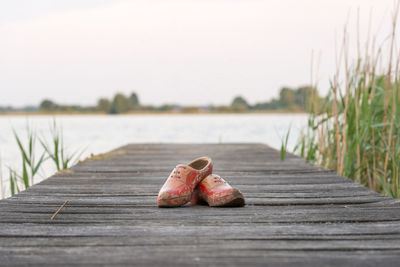 Close-up of clogs on boardwalk by lake against sky