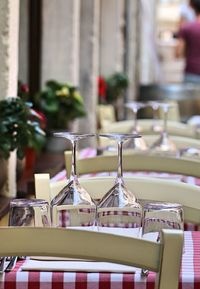 Close-up of glass bottle on table at restaurant