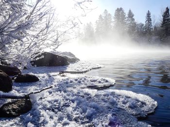 Scenic view of waterfall against sky during winter